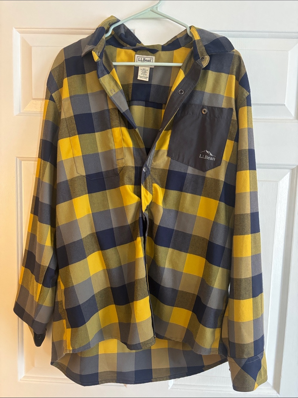 L.L. Bean Yellow, Navy & Gray Plaid Hooded Shirt Jacket
